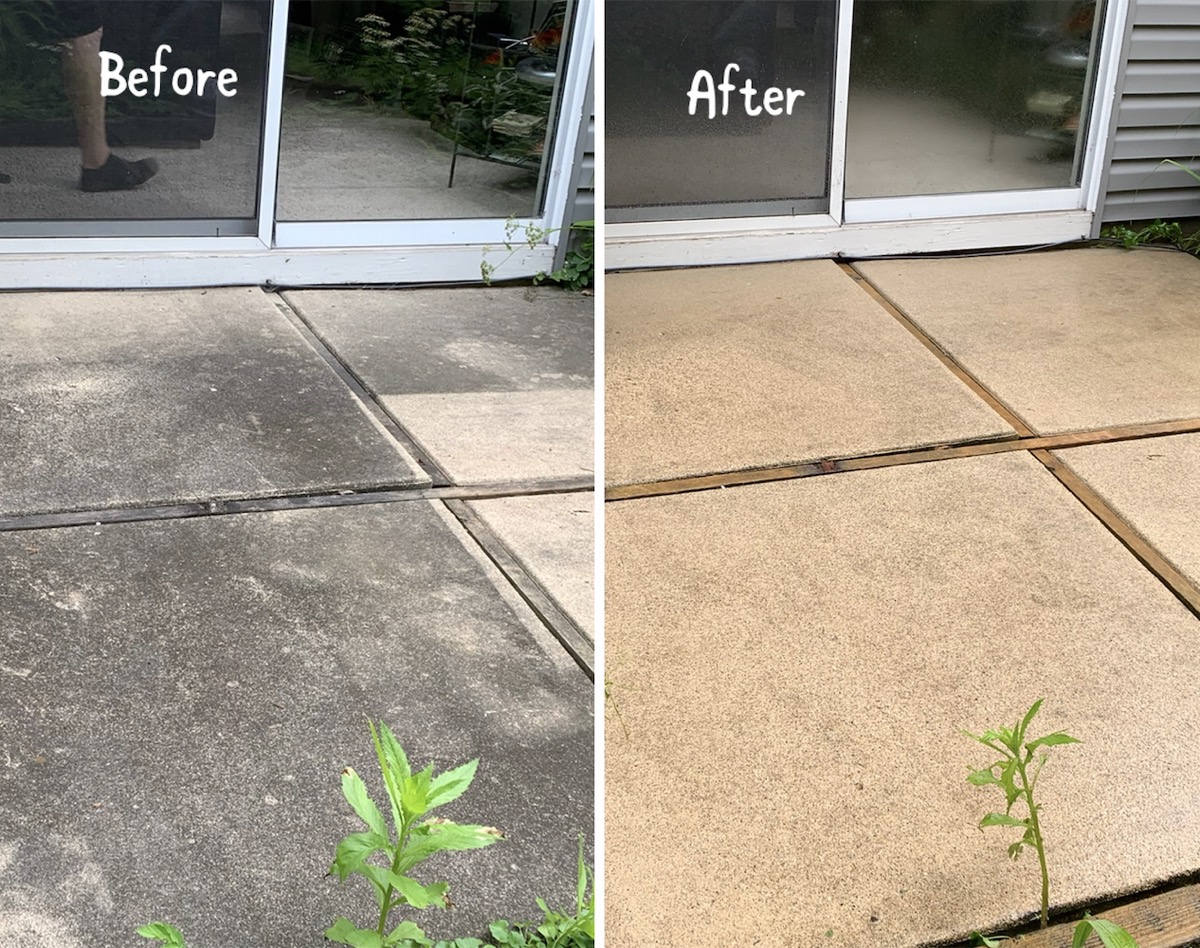 Stone slab patio cleaning before and after