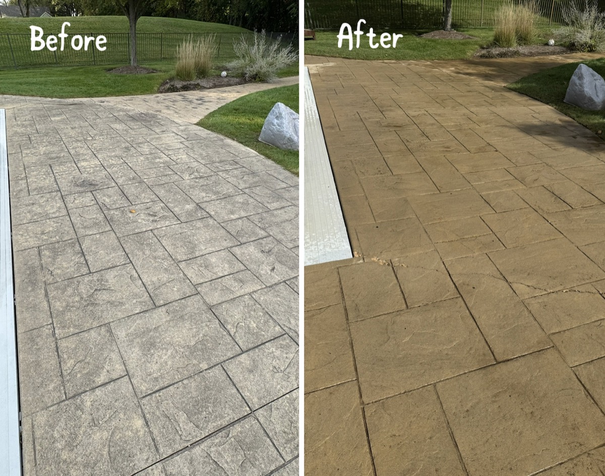 Stamped concrete patio cleaning before and after