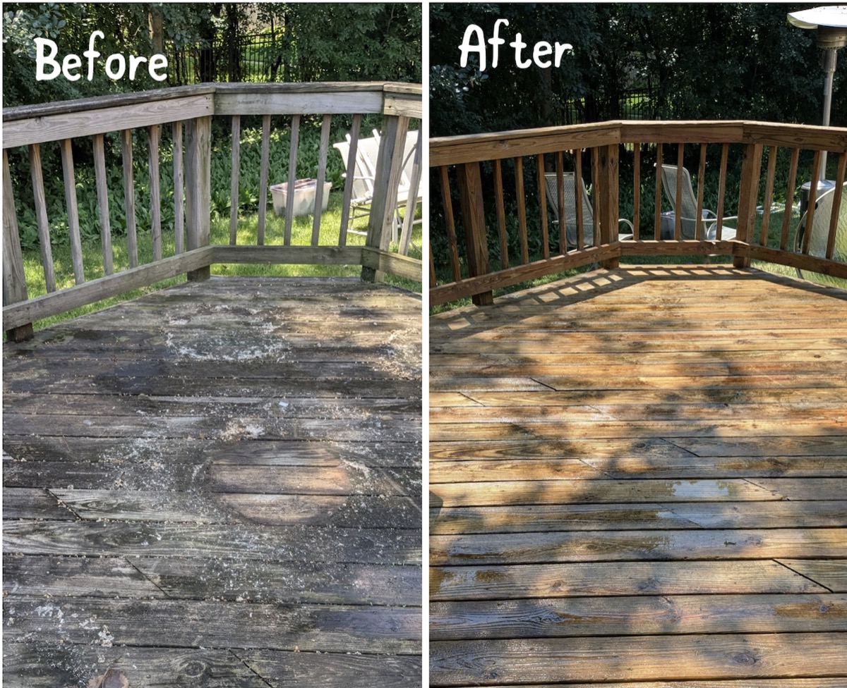 Weathered deck cleaning before and after