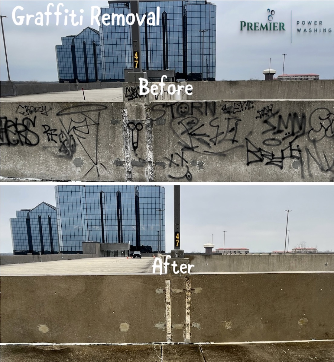 Parking deck graffiti removal before and after