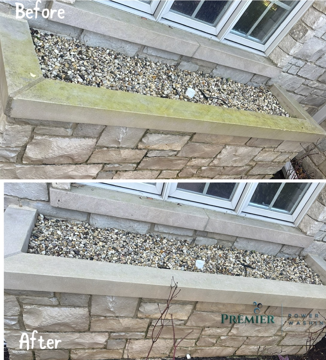 Stone window ledge cleaning before and after